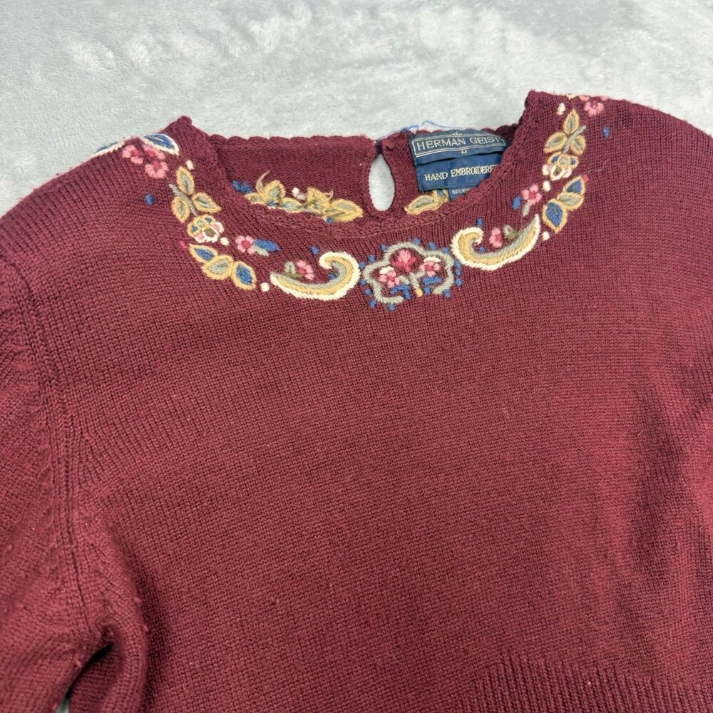 Herman Geist Womens Medium Lambswool Sweater Burgundy Hand Embroidered - Picture 4 of 8